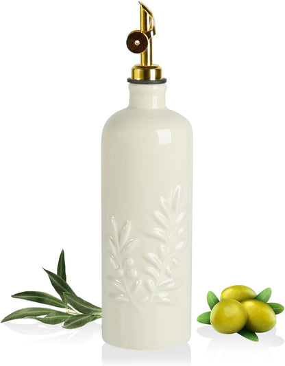 Sweejar 18 Oz Oil Dispenser for Kitchen with Gravity Spout, Ceramic Olive Oil Dispenser Bottle, Relief Opaque Vinegar Container for Evoo, Vinegar, Soy Sauce, Pack of 1(White, Gold Spout)