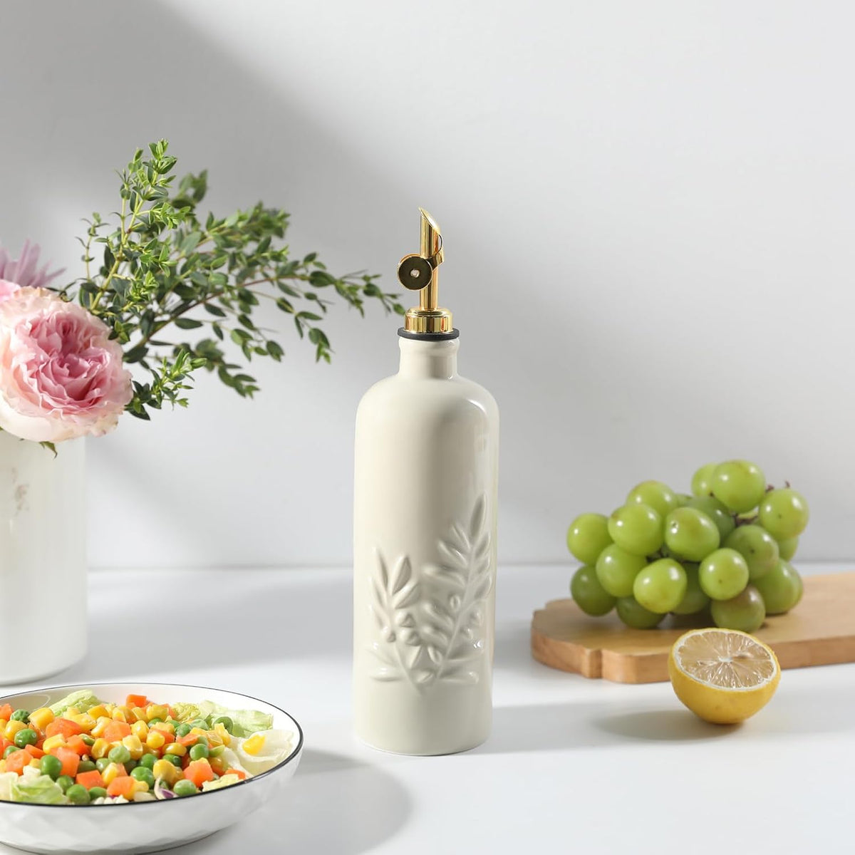 Sweejar 18 Oz Oil Dispenser for Kitchen with Gravity Spout, Ceramic Olive Oil Dispenser Bottle, Relief Opaque Vinegar Container for Evoo, Vinegar, Soy Sauce, Pack of 1(White, Gold Spout)
