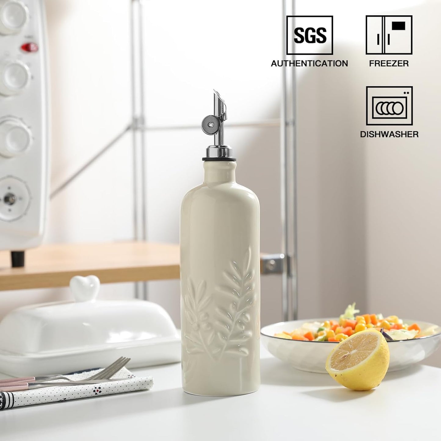 Sweejar 18 Oz Oil Dispenser for Kitchen with Gravity Spout, Ceramic Olive Oil Dispenser Bottle, Relief Opaque Vinegar Container for Evoo, Vinegar, Soy Sauce, Pack of 1(White, Gold Spout)