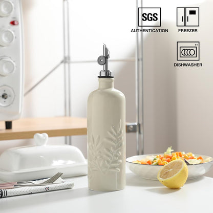 Sweejar 18 Oz Oil Dispenser for Kitchen with Gravity Spout, Ceramic Olive Oil Dispenser Bottle, Relief Opaque Vinegar Container for Evoo, Vinegar, Soy Sauce, Pack of 1(White, Gold Spout)