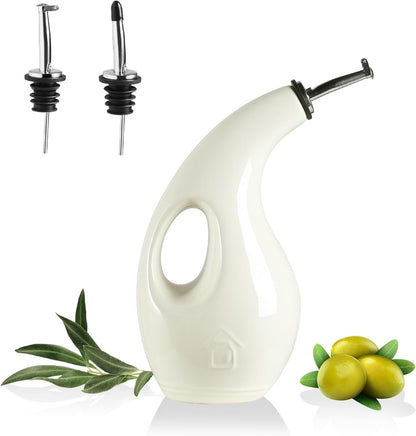 Sweejar 18 Oz Oil Dispenser for Kitchen with Gravity Spout, Ceramic Olive Oil Dispenser Bottle, Relief Opaque Vinegar Container for Evoo, Vinegar, Soy Sauce, Pack of 1(White, Gold Spout)
