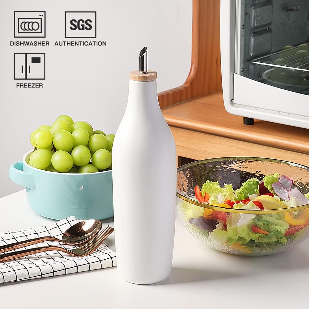Sweejar 18 Oz Oil Dispenser for Kitchen with Gravity Spout, Ceramic Olive Oil Dispenser Bottle, Relief Opaque Vinegar Container for Evoo, Vinegar, Soy Sauce, Pack of 1(White, Gold Spout)
