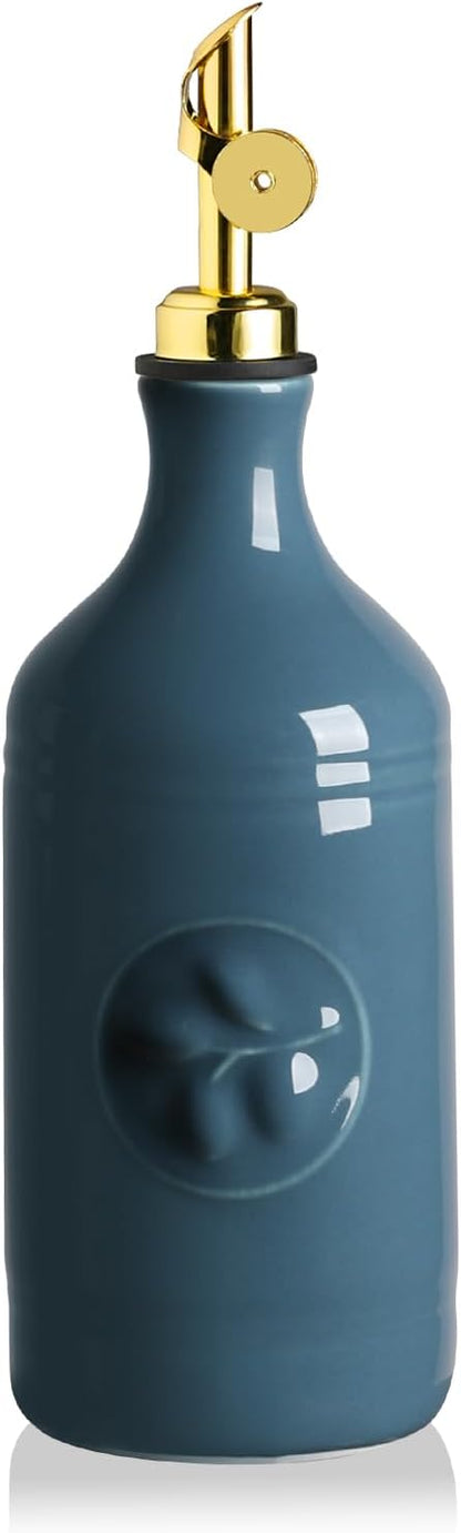 Sweejar 18 Oz Oil Dispenser for Kitchen with Gravity Spout, Ceramic Olive Oil Dispenser Bottle, Relief Opaque Vinegar Container for Evoo, Vinegar, Soy Sauce, Pack of 1(White, Gold Spout)