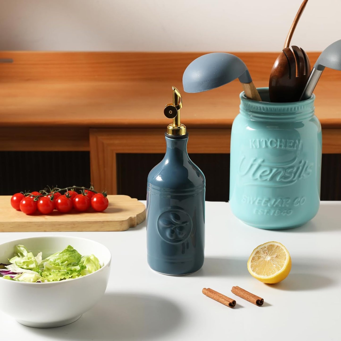 Sweejar 18 Oz Oil Dispenser for Kitchen with Gravity Spout, Ceramic Olive Oil Dispenser Bottle, Relief Opaque Vinegar Container for Evoo, Vinegar, Soy Sauce, Pack of 1(White, Gold Spout)