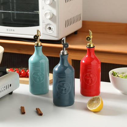 Sweejar 18 Oz Oil Dispenser for Kitchen with Gravity Spout, Ceramic Olive Oil Dispenser Bottle, Relief Opaque Vinegar Container for Evoo, Vinegar, Soy Sauce, Pack of 1(White, Gold Spout)