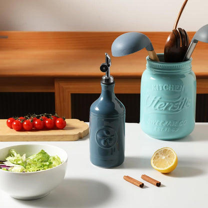 Sweejar 18 Oz Oil Dispenser for Kitchen with Gravity Spout, Ceramic Olive Oil Dispenser Bottle, Relief Opaque Vinegar Container for Evoo, Vinegar, Soy Sauce, Pack of 1(White, Gold Spout)