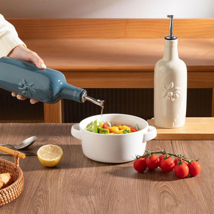 Sweejar 18 Oz Oil Dispenser for Kitchen with Gravity Spout, Ceramic Olive Oil Dispenser Bottle, Relief Opaque Vinegar Container for Evoo, Vinegar, Soy Sauce, Pack of 1(White, Gold Spout)