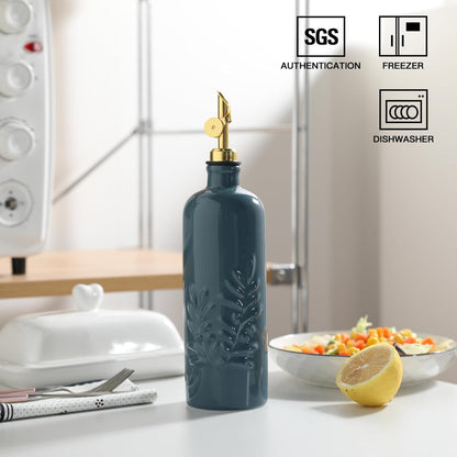 Sweejar 18 Oz Oil Dispenser for Kitchen with Gravity Spout, Ceramic Olive Oil Dispenser Bottle, Relief Opaque Vinegar Container for Evoo, Vinegar, Soy Sauce, Pack of 1(White, Gold Spout)