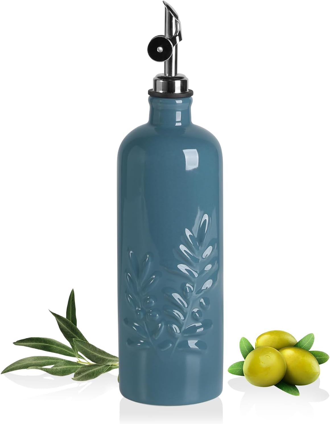 Sweejar 18 Oz Oil Dispenser for Kitchen with Gravity Spout, Ceramic Olive Oil Dispenser Bottle, Relief Opaque Vinegar Container for Evoo, Vinegar, Soy Sauce, Pack of 1(White, Gold Spout)