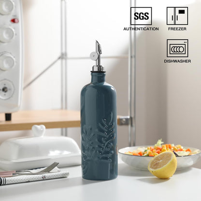 Sweejar 18 Oz Oil Dispenser for Kitchen with Gravity Spout, Ceramic Olive Oil Dispenser Bottle, Relief Opaque Vinegar Container for Evoo, Vinegar, Soy Sauce, Pack of 1(White, Gold Spout)