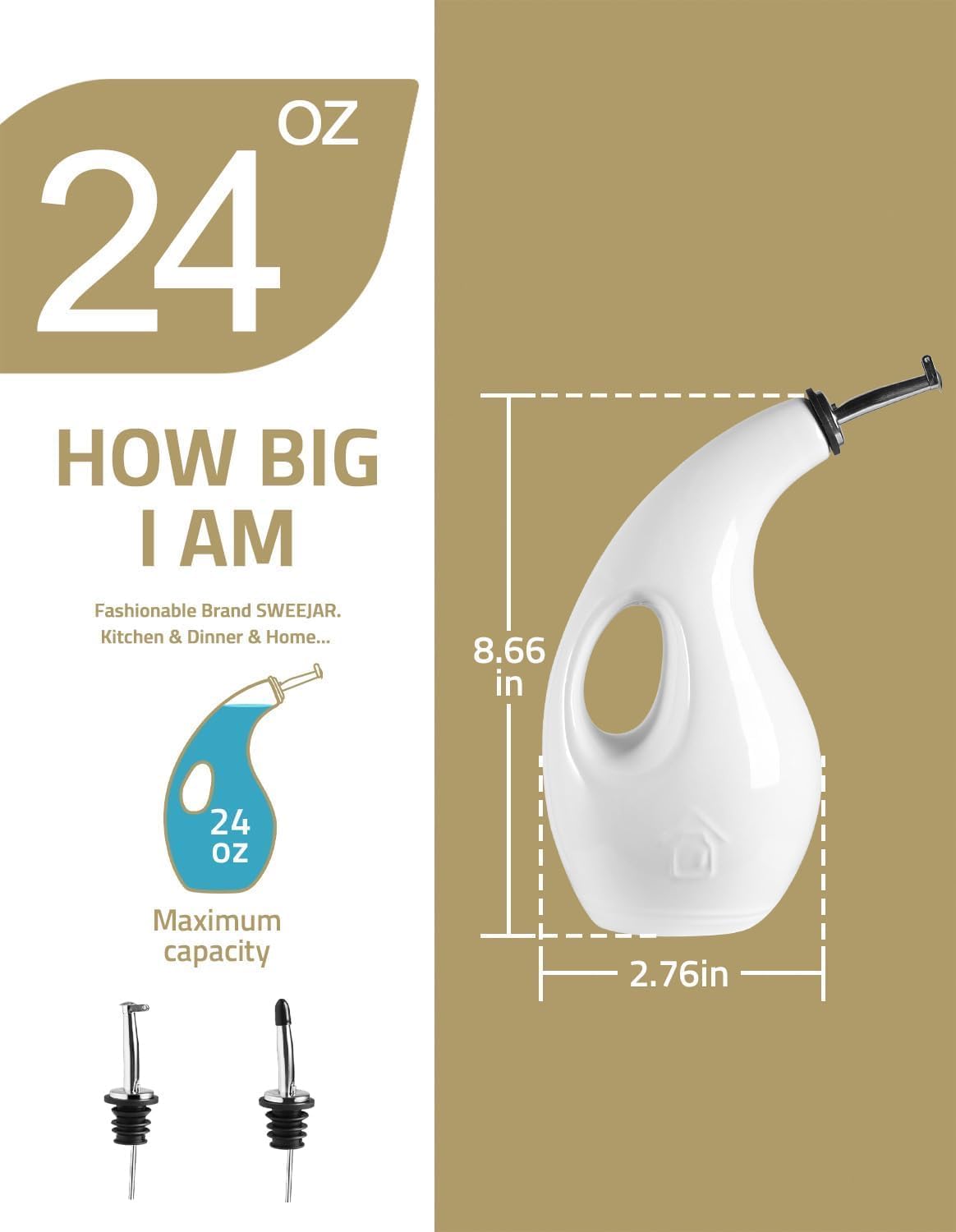 Sweejar 18 Oz Oil Dispenser for Kitchen with Gravity Spout, Ceramic Olive Oil Dispenser Bottle, Relief Opaque Vinegar Container for Evoo, Vinegar, Soy Sauce, Pack of 1(White, Gold Spout)