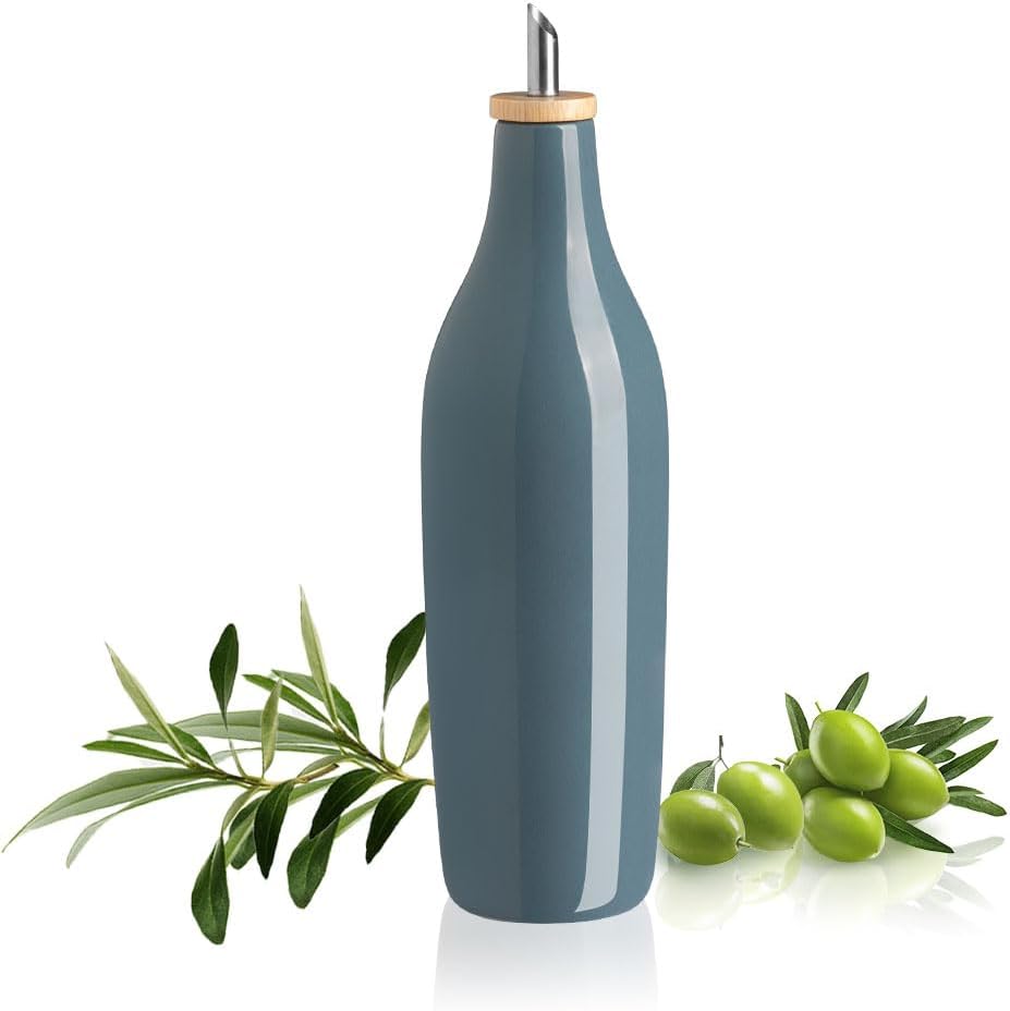 Sweejar 18 Oz Oil Dispenser for Kitchen with Gravity Spout, Ceramic Olive Oil Dispenser Bottle, Relief Opaque Vinegar Container for Evoo, Vinegar, Soy Sauce, Pack of 1(White, Gold Spout)