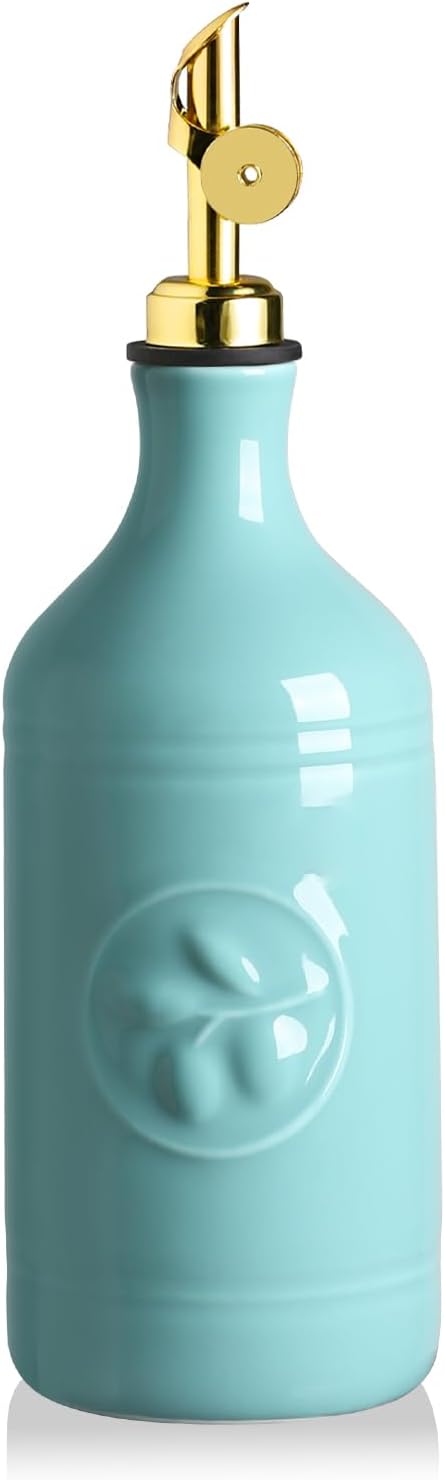 Sweejar 18 Oz Oil Dispenser for Kitchen with Gravity Spout, Ceramic Olive Oil Dispenser Bottle, Relief Opaque Vinegar Container for Evoo, Vinegar, Soy Sauce, Pack of 1(White, Gold Spout)