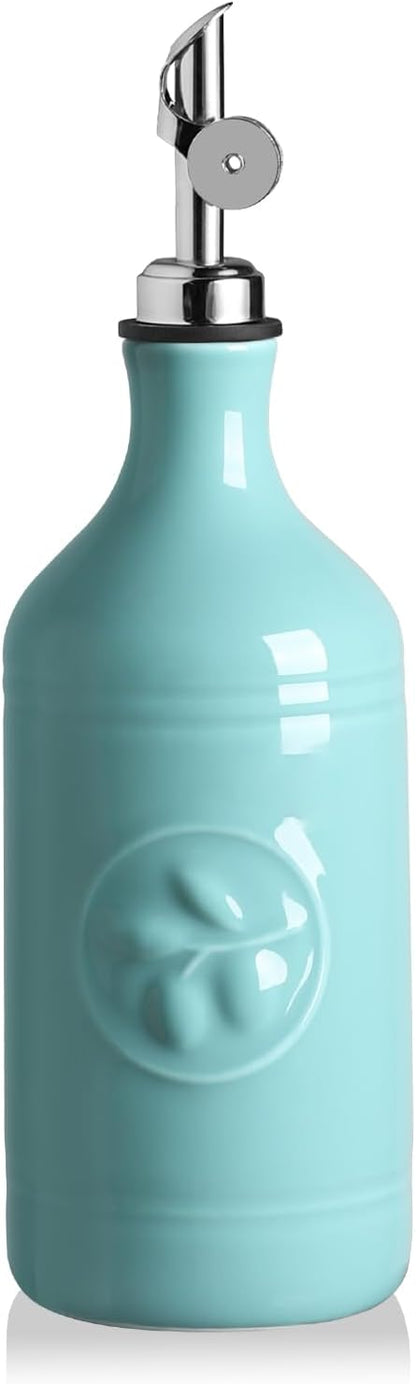 Sweejar 18 Oz Oil Dispenser for Kitchen with Gravity Spout, Ceramic Olive Oil Dispenser Bottle, Relief Opaque Vinegar Container for Evoo, Vinegar, Soy Sauce, Pack of 1(White, Gold Spout)