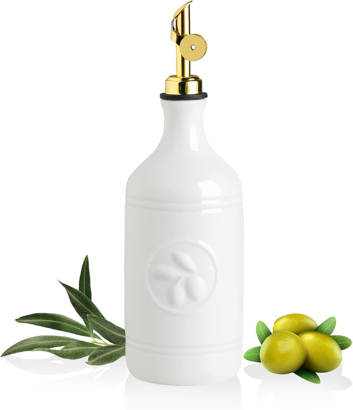 Sweejar 18 Oz Oil Dispenser for Kitchen with Gravity Spout, Ceramic Olive Oil Dispenser Bottle, Relief Opaque Vinegar Container for Evoo, Vinegar, Soy Sauce, Pack of 1(White, Gold Spout)
