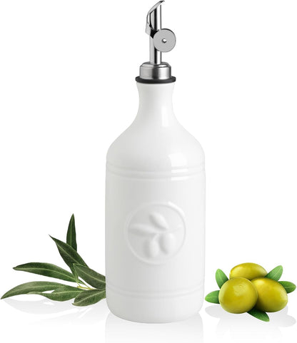 Sweejar 18 Oz Oil Dispenser for Kitchen with Gravity Spout, Ceramic Olive Oil Dispenser Bottle, Relief Opaque Vinegar Container for Evoo, Vinegar, Soy Sauce, Pack of 1(White, Gold Spout)