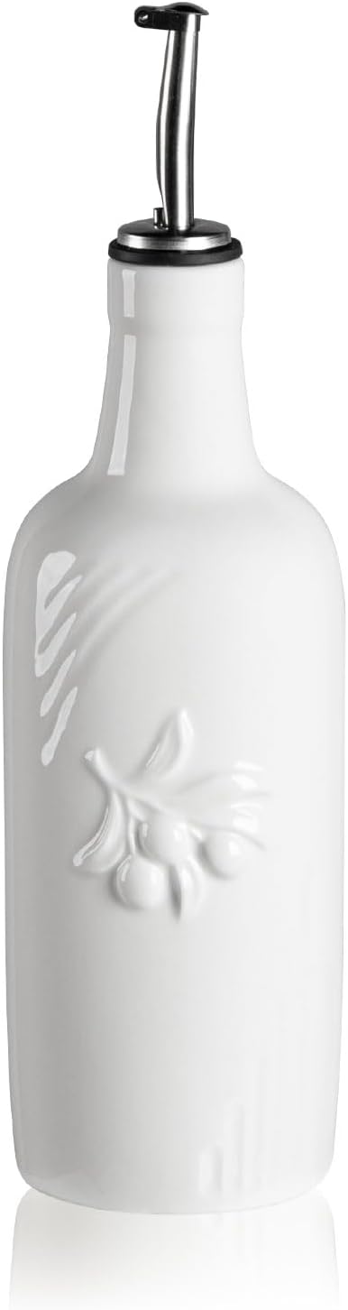 Sweejar 18 Oz Oil Dispenser for Kitchen with Gravity Spout, Ceramic Olive Oil Dispenser Bottle, Relief Opaque Vinegar Container for Evoo, Vinegar, Soy Sauce, Pack of 1(White, Gold Spout)