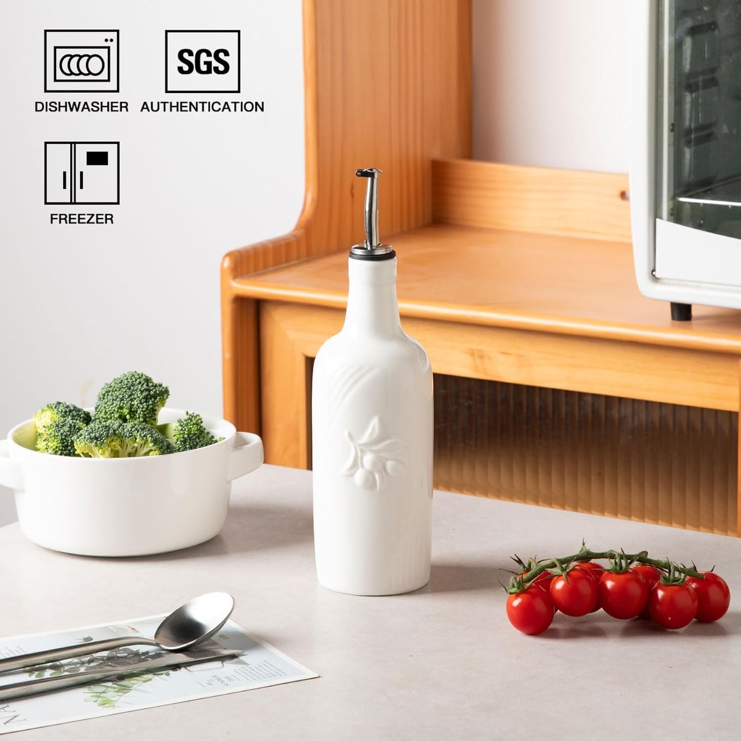 Sweejar 18 Oz Oil Dispenser for Kitchen with Gravity Spout, Ceramic Olive Oil Dispenser Bottle, Relief Opaque Vinegar Container for Evoo, Vinegar, Soy Sauce, Pack of 1(White, Gold Spout)