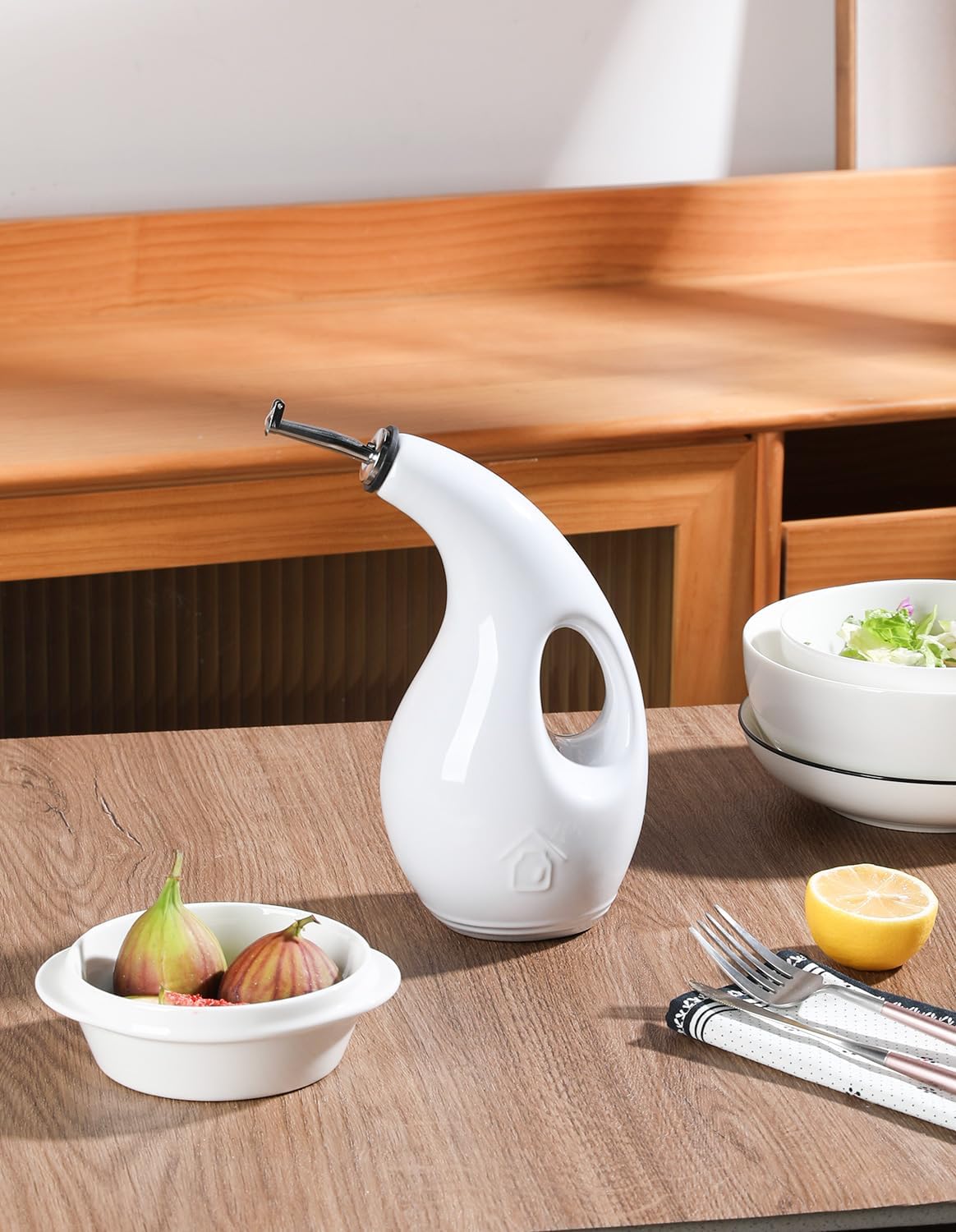 Sweejar 18 Oz Oil Dispenser for Kitchen with Gravity Spout, Ceramic Olive Oil Dispenser Bottle, Relief Opaque Vinegar Container for Evoo, Vinegar, Soy Sauce, Pack of 1(White, Gold Spout)