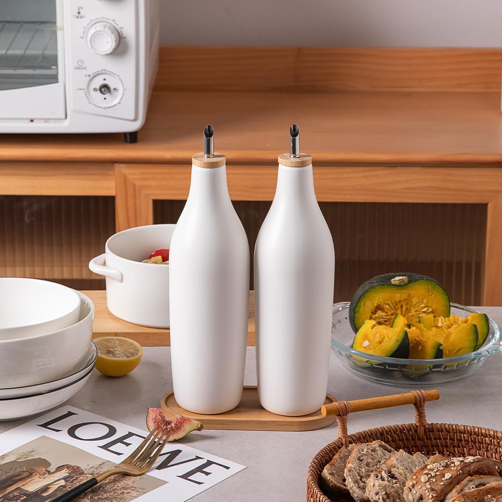 Sweejar 18 Oz Oil Dispenser for Kitchen with Gravity Spout, Ceramic Olive Oil Dispenser Bottle, Relief Opaque Vinegar Container for Evoo, Vinegar, Soy Sauce, Pack of 1(White, Gold Spout)