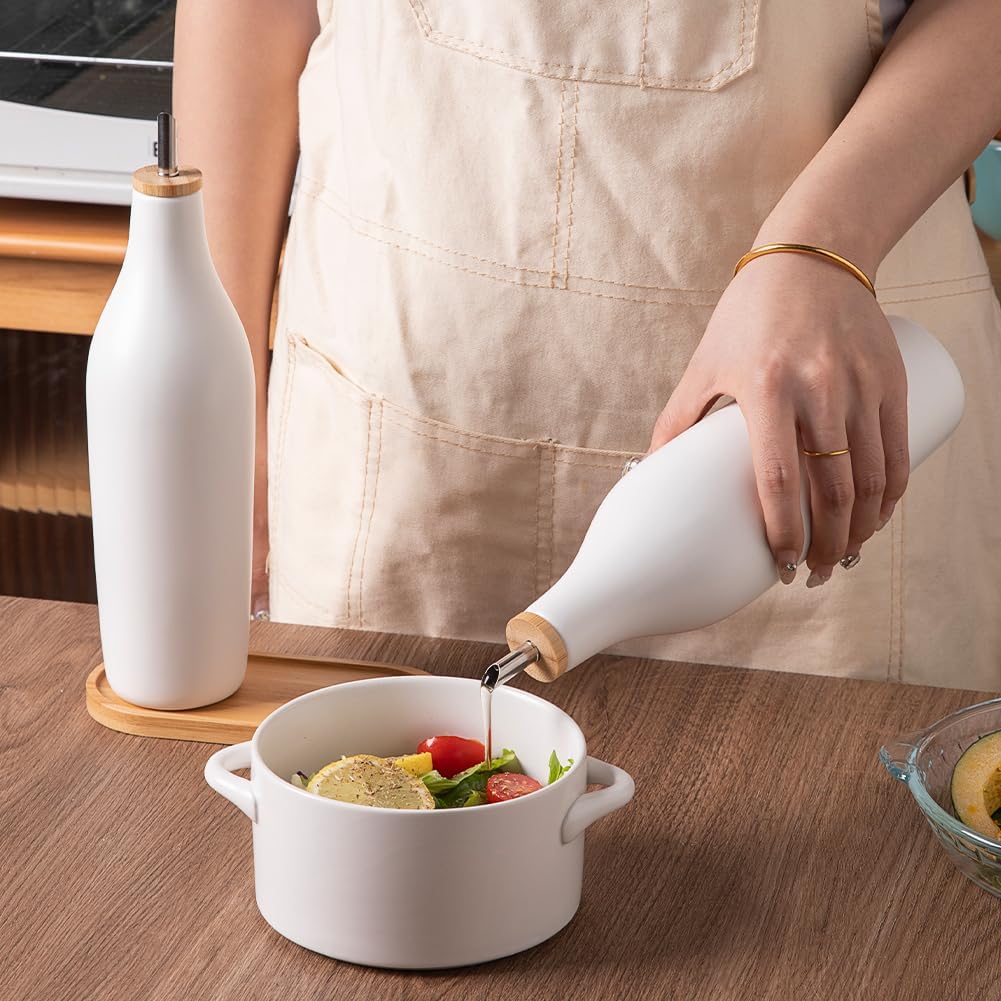 Sweejar 18 Oz Oil Dispenser for Kitchen with Gravity Spout, Ceramic Olive Oil Dispenser Bottle, Relief Opaque Vinegar Container for Evoo, Vinegar, Soy Sauce, Pack of 1(White, Gold Spout)