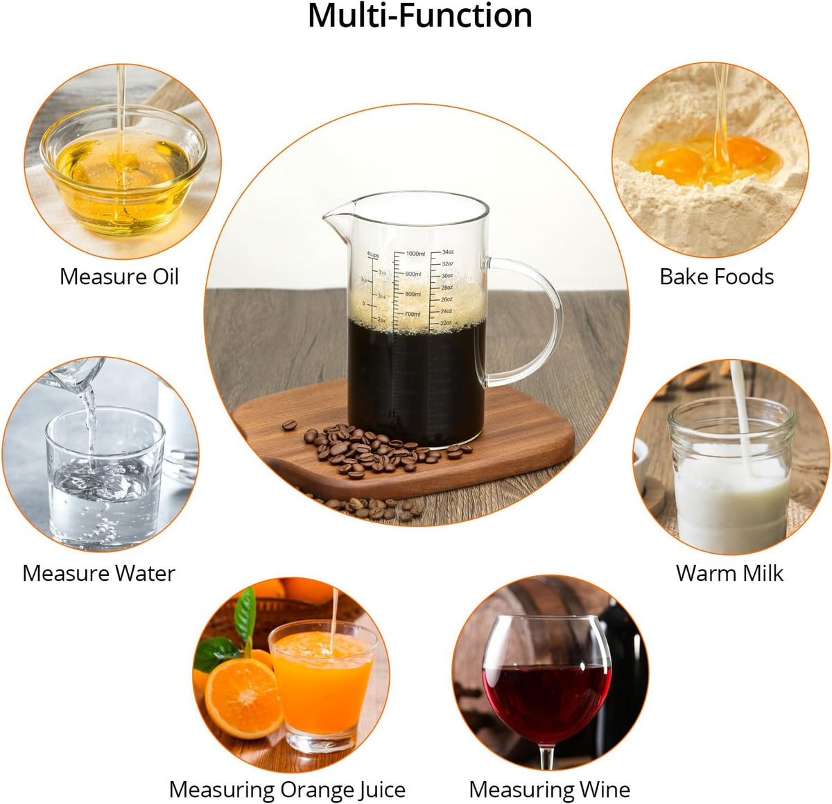 34OZ/1000ML Glass Measuring Cup (Ml/Oz/Cup), 4 Cups Multi-Purpose Kitchen Tool with V-Shaped Spout & Handle