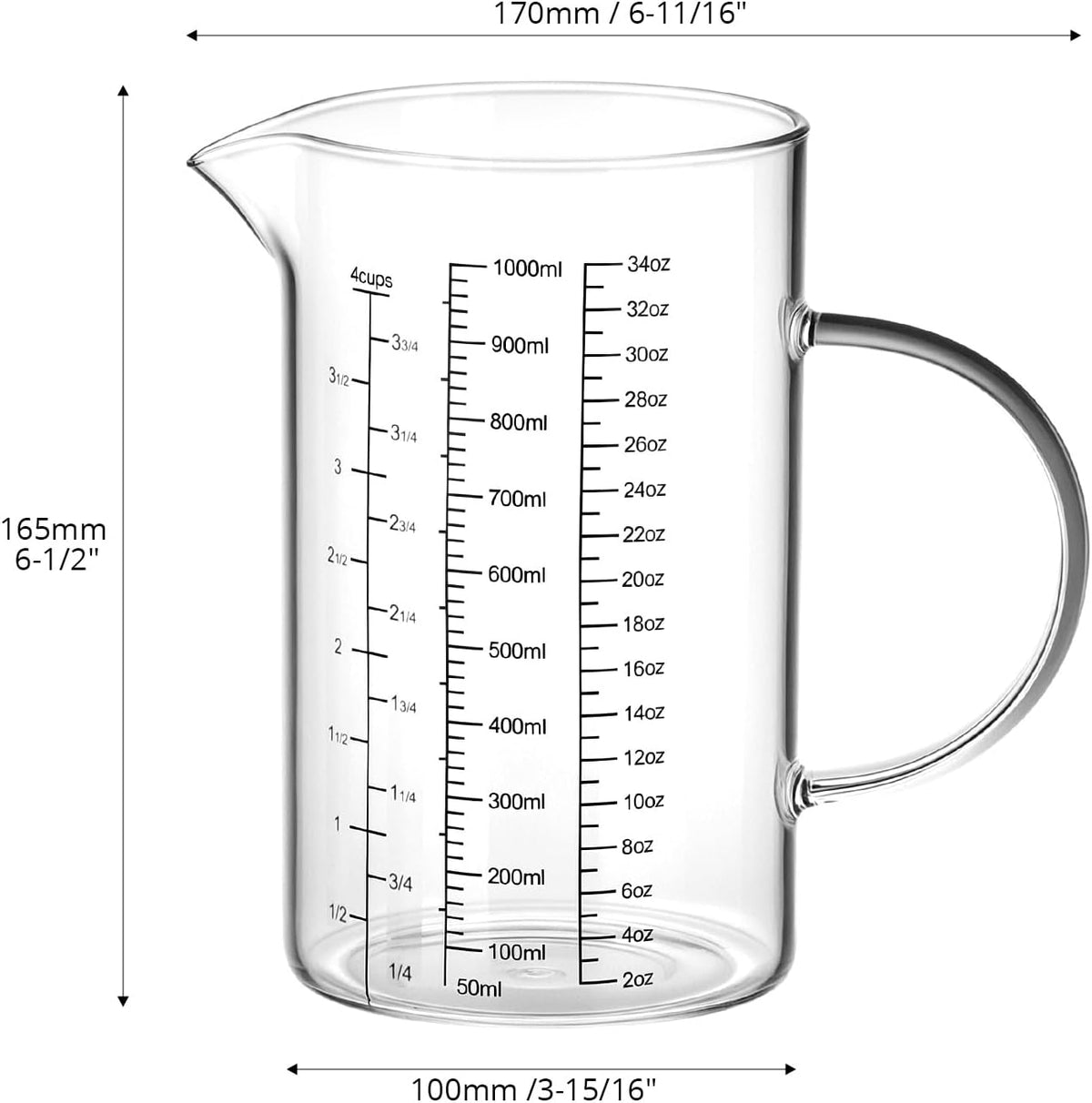 34OZ/1000ML Glass Measuring Cup (Ml/Oz/Cup), 4 Cups Multi-Purpose Kitchen Tool with V-Shaped Spout & Handle