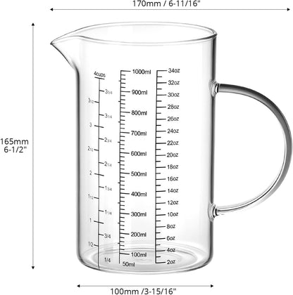 34OZ/1000ML Glass Measuring Cup (Ml/Oz/Cup), 4 Cups Multi-Purpose Kitchen Tool with V-Shaped Spout & Handle
