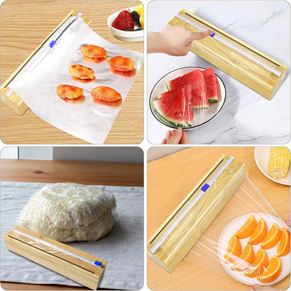 Plastic Wrap Dispenser with Slide Cutter, Fit 13'' Rolls, Bamboo Aluminum Foil Dispenser with Cutter for Wax Paper, Saran Wrap