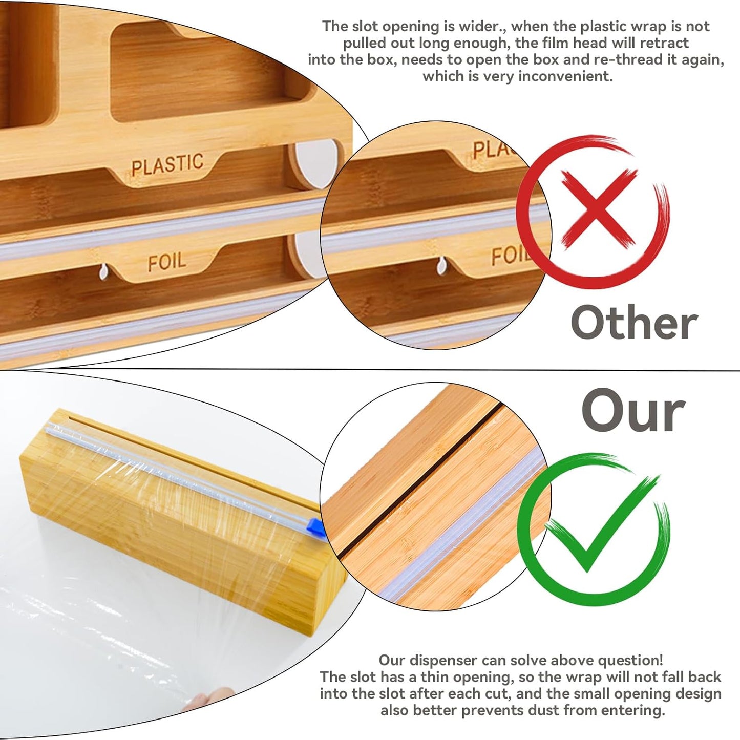 Plastic Wrap Dispenser with Slide Cutter, Fit 13'' Rolls, Bamboo Aluminum Foil Dispenser with Cutter for Wax Paper, Saran Wrap
