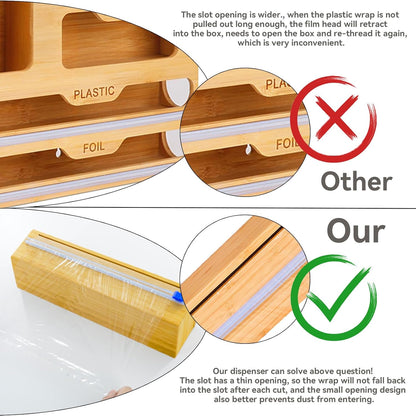Plastic Wrap Dispenser with Slide Cutter, Fit 13'' Rolls, Bamboo Aluminum Foil Dispenser with Cutter for Wax Paper, Saran Wrap