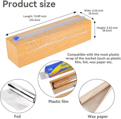 Plastic Wrap Dispenser with Slide Cutter, Fit 13'' Rolls, Bamboo Aluminum Foil Dispenser with Cutter for Wax Paper, Saran Wrap