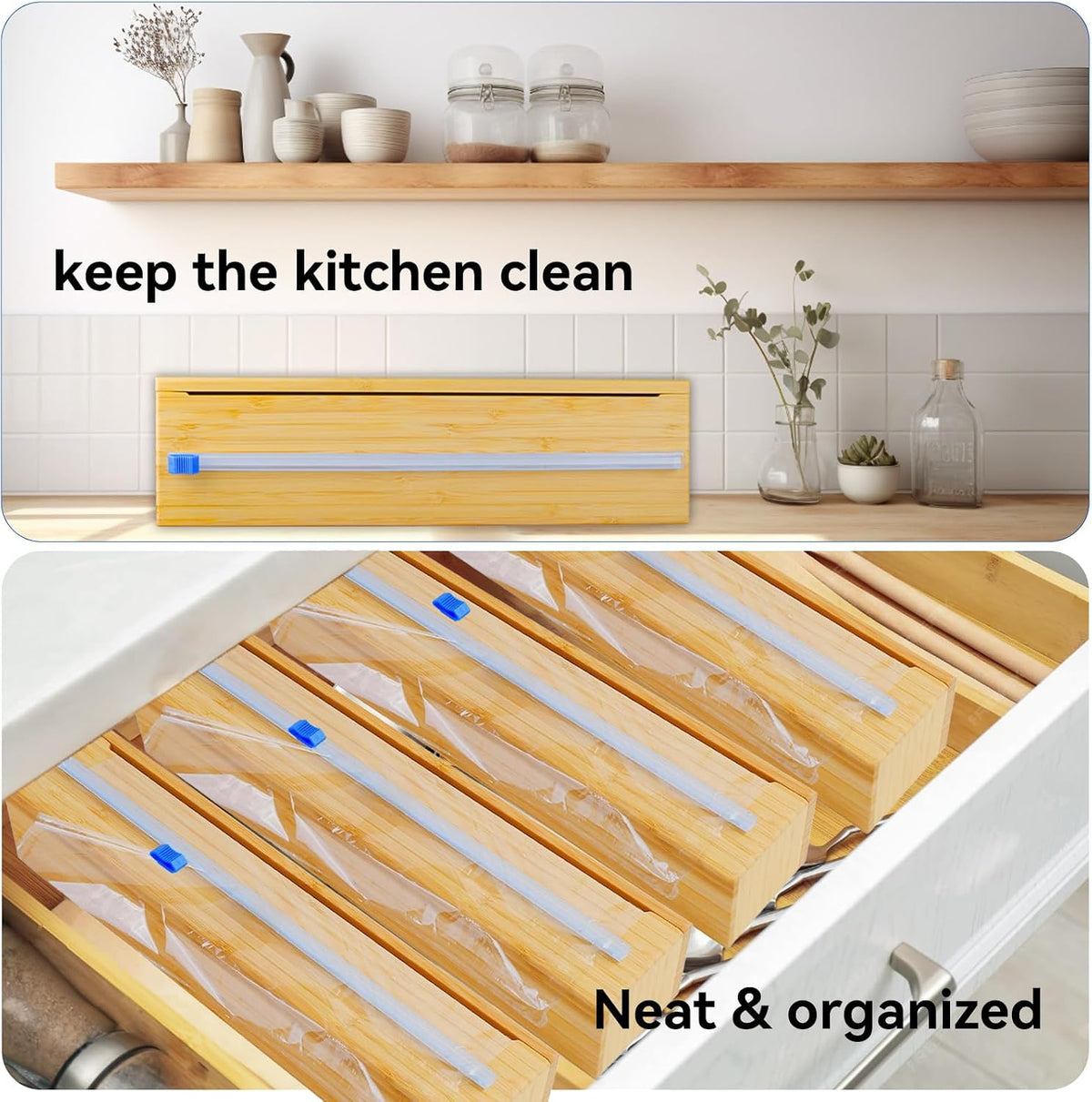 Plastic Wrap Dispenser with Slide Cutter, Fit 13'' Rolls, Bamboo Aluminum Foil Dispenser with Cutter for Wax Paper, Saran Wrap