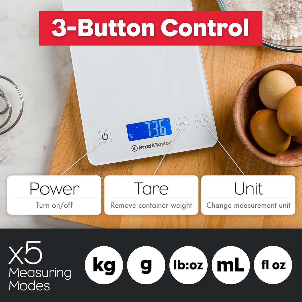 High Capacity Baking & Kitchen Scale (Weighs up to 33lbs/15kg of Ingredients), 1-Gram Precision, Five Unit Options, 5-Minute Display, Batteries Included