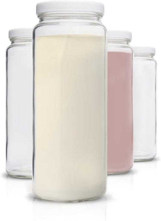 Glass Bottles Set, Clear, 32 oz Jars, 4 Pack Wide Mouth with Lids | For Juice, Smoothies, Water, Milks, Beverage Storage, Large Jug, Durable, Reusable, Dishwasher Safe, Leak Proof