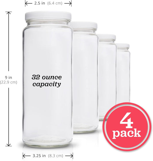 Glass Bottles Set, Clear, 32 oz Jars, 4 Pack Wide Mouth with Lids | For Juice, Smoothies, Water, Milks, Beverage Storage, Large Jug, Durable, Reusable, Dishwasher Safe, Leak Proof