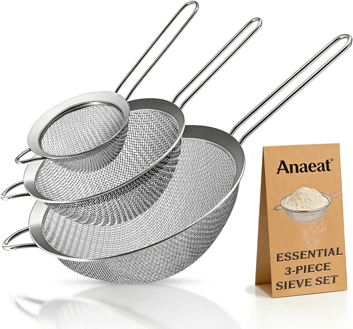Fine Mesh Strainers - Premium Stainless Steel Colander Sieve Sifters, with Durable Mesh and Sturdy Handle, Excellent for Sifting Dry ingredients, Flour, Pastas, Rice, Tea (3.15"+5.5"+7.87")