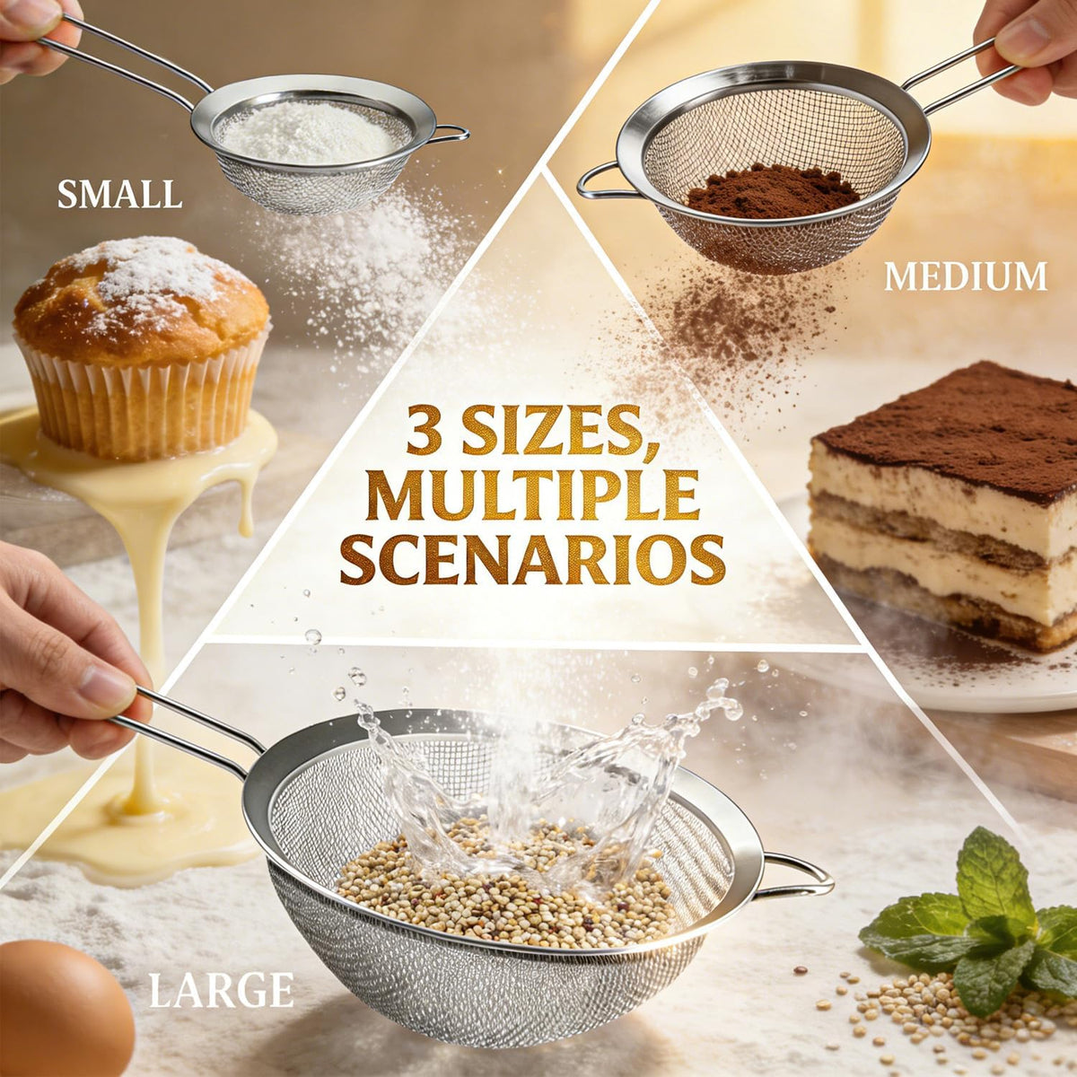 Fine Mesh Strainers - Premium Stainless Steel Colander Sieve Sifters, with Durable Mesh and Sturdy Handle, Excellent for Sifting Dry ingredients, Flour, Pastas, Rice, Tea (3.15"+5.5"+7.87")
