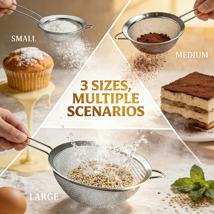 Fine Mesh Strainers - Premium Stainless Steel Colander Sieve Sifters, with Durable Mesh and Sturdy Handle, Excellent for Sifting Dry ingredients, Flour, Pastas, Rice, Tea (3.15"+5.5"+7.87")