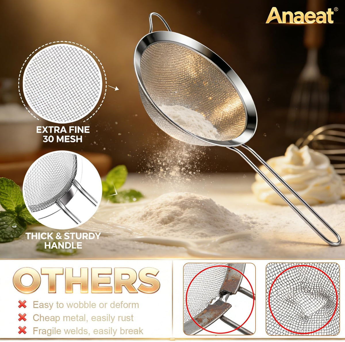Fine Mesh Strainers - Premium Stainless Steel Colander Sieve Sifters, with Durable Mesh and Sturdy Handle, Excellent for Sifting Dry ingredients, Flour, Pastas, Rice, Tea (3.15"+5.5"+7.87")