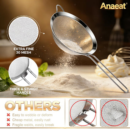 Fine Mesh Strainers - Premium Stainless Steel Colander Sieve Sifters, with Durable Mesh and Sturdy Handle, Excellent for Sifting Dry ingredients, Flour, Pastas, Rice, Tea (3.15"+5.5"+7.87")