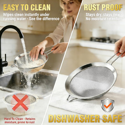 Fine Mesh Strainers - Premium Stainless Steel Colander Sieve Sifters, with Durable Mesh and Sturdy Handle, Excellent for Sifting Dry ingredients, Flour, Pastas, Rice, Tea (3.15"+5.5"+7.87")