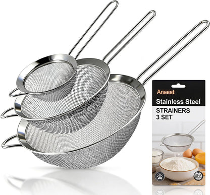 Fine Mesh Strainers - Premium Stainless Steel Colander Sieve Sifters, with Durable Mesh and Sturdy Handle, Excellent for Sifting Dry ingredients, Flour, Pastas, Rice, Tea (3.15"+5.5"+7.87")