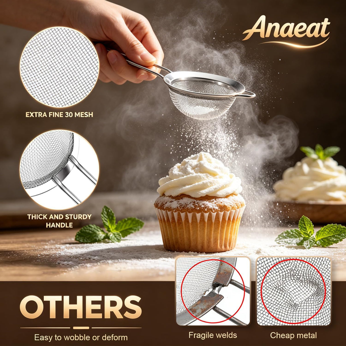 Fine Mesh Strainers - Premium Stainless Steel Colander Sieve Sifters, with Durable Mesh and Sturdy Handle, Excellent for Sifting Dry ingredients, Flour, Pastas, Rice, Tea (3.15"+5.5"+7.87")