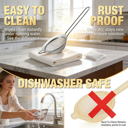 Fine Mesh Strainers - Premium Stainless Steel Colander Sieve Sifters, with Durable Mesh and Sturdy Handle, Excellent for Sifting Dry ingredients, Flour, Pastas, Rice, Tea (3.15"+5.5"+7.87")