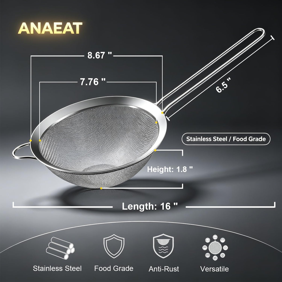 Fine Mesh Strainers - Premium Stainless Steel Colander Sieve Sifters, with Durable Mesh and Sturdy Handle, Excellent for Sifting Dry ingredients, Flour, Pastas, Rice, Tea (3.15"+5.5"+7.87")