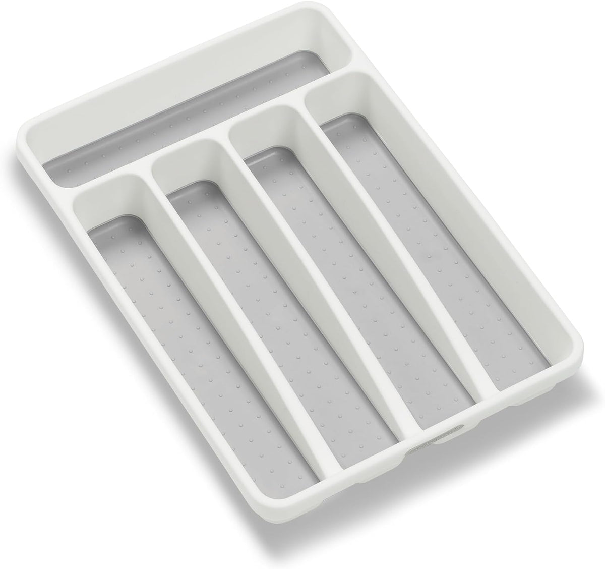 Classic 5 Compartment Compact Silverware Tray, White | non slip feet, rounded corners, branded icons, soft grip lining, forks knives spoons, flatware sorting, woman owned