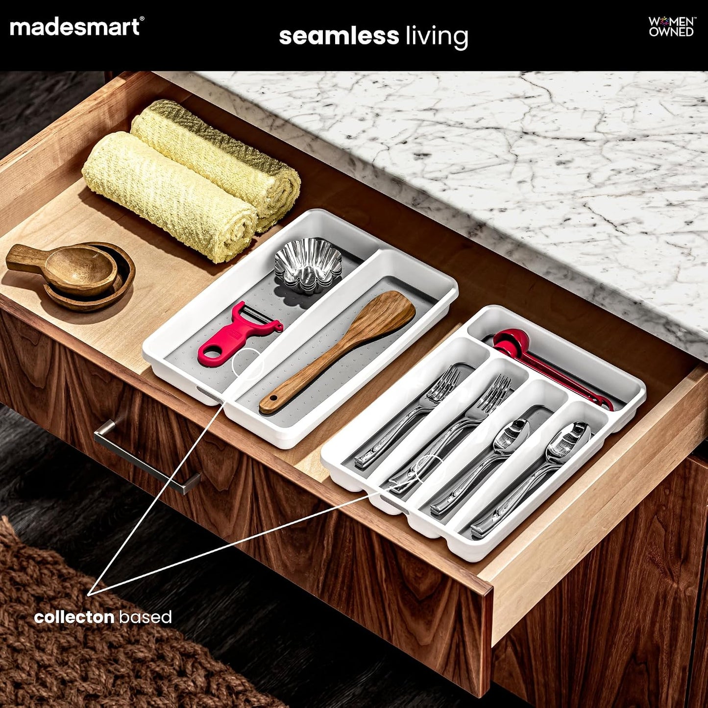 Classic 5 Compartment Compact Silverware Tray, White | non slip feet, rounded corners, branded icons, soft grip lining, forks knives spoons, flatware sorting, woman owned