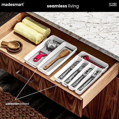 Classic 5 Compartment Compact Silverware Tray, White | non slip feet, rounded corners, branded icons, soft grip lining, forks knives spoons, flatware sorting, woman owned