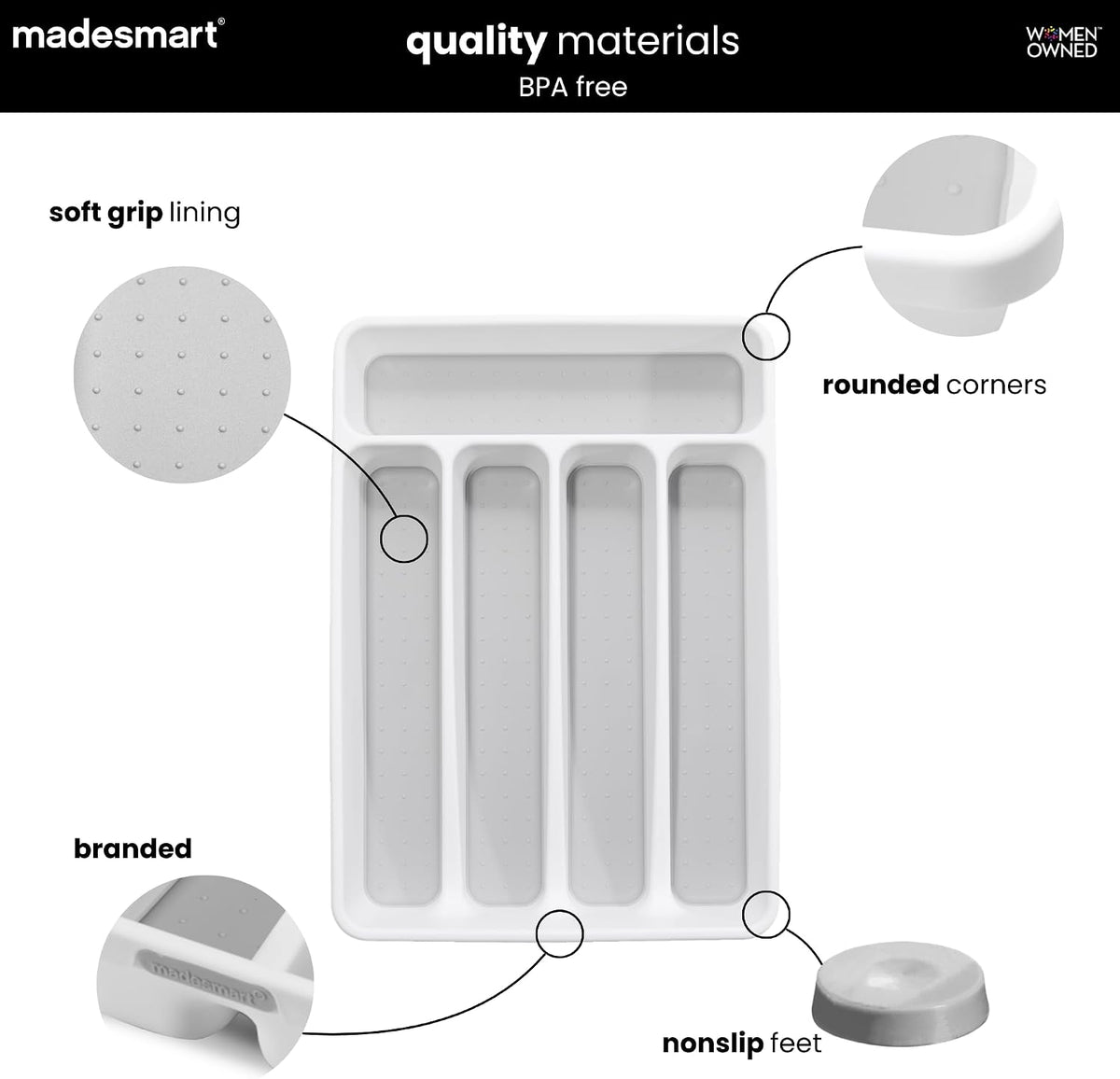 Classic 5 Compartment Compact Silverware Tray, White | non slip feet, rounded corners, branded icons, soft grip lining, forks knives spoons, flatware sorting, woman owned